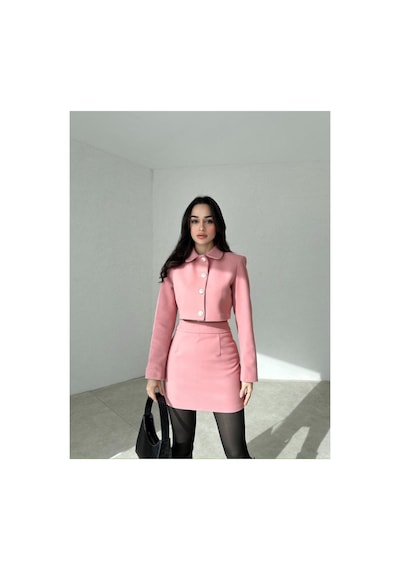 Rabia Çelik Düğme Detaylı Kaşe Pembe Takım Pembe Pembe