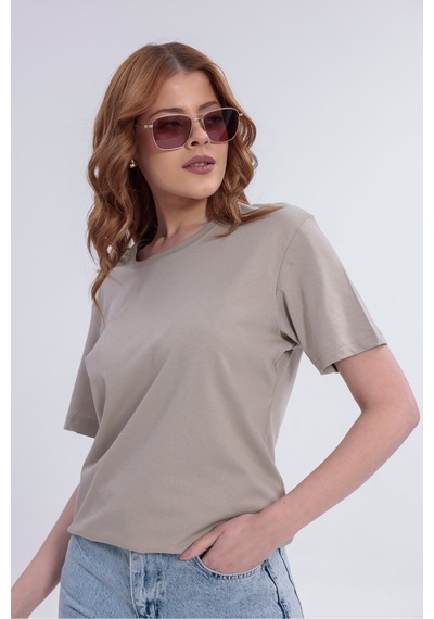 Myrab Denim Kadın Lacivert Basic Tişört Regular Fit Bisiklet Yaka %100 Pamuk 30/1 Süprem Kumaş Günlük T-shirt Krem