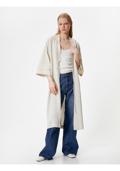 Koton Uzun Kimono Keten Ve Viskon Karışımlı Yarım Kollu Bej 4sak50116uw Ekru