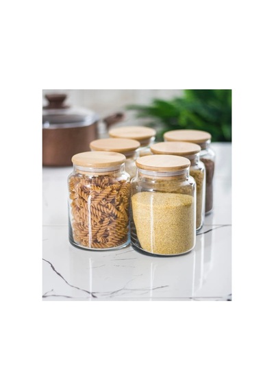 6 Adet 1000 Ml Bambu Kapaklı Cam Kavanoz Seti Bakliyat Saklama Kavanoz Seti Bej Bej