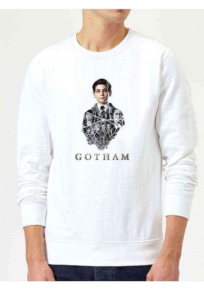 Gotham Baskılı Beyaz Erkek Örme Sweatshirt