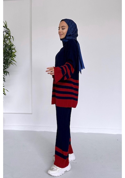 Ka Hijab Çift Renk Çizgili Triko Takım - Lacivert