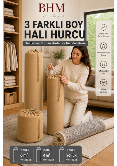 6 Adet Halı Hurcu Seti Büzgülü Halı Saklama Çantası Toz Ve Neme Karşı Koruyucu Bej