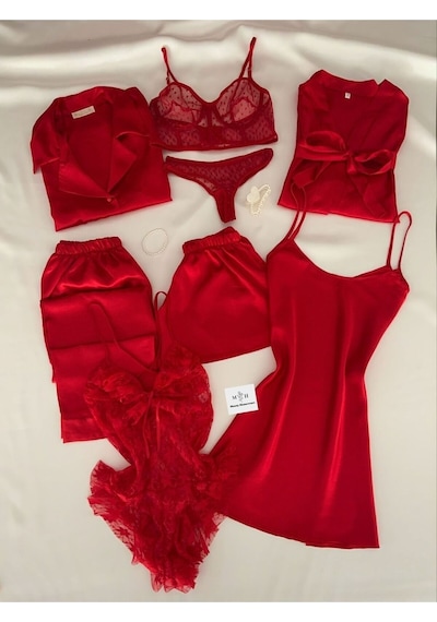 Mh Moony Homewears Kutulu 8 Parça Kırmızı Saten Pijama Gecelik Iç Giyim Efsane Çeyiz Seti Kırmızı