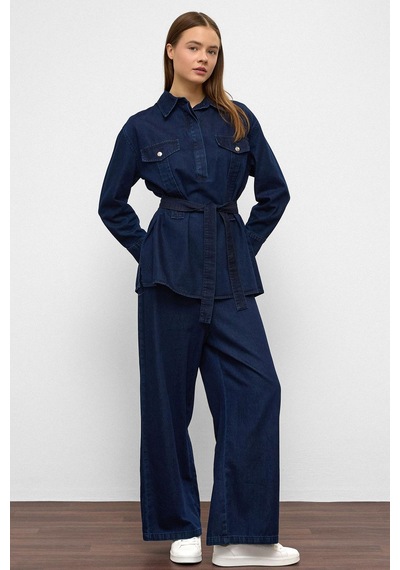 Olcay Geniş Paça Pantolon Denim İkili Takım Koyu Mavi 9379-tk