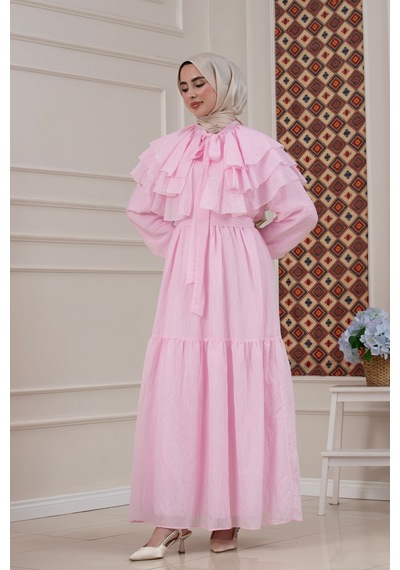 Sevitli Fırfır Detaylı Roza Tesettür Elbise-pembe-5775