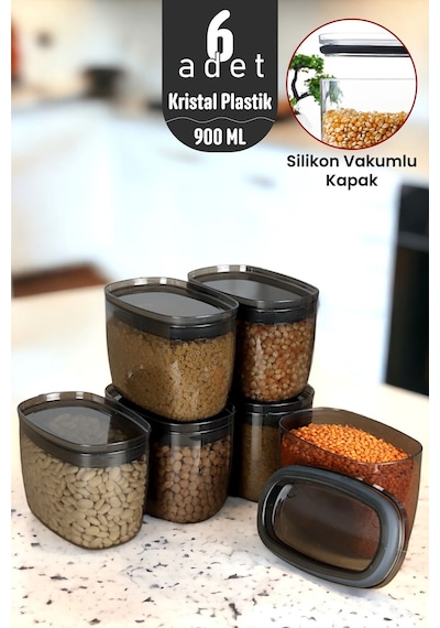 900 Ml Gerçek Vakumlu Silikon Kapaklı Kristal Erzak Bakliyat Saklama Kabı Seti Baharatlık 6 Antrasit