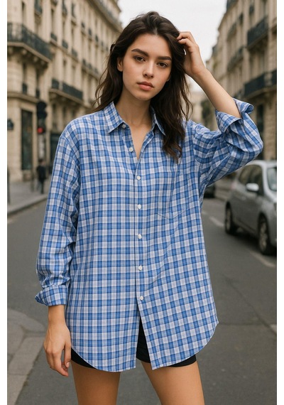 Rich Kadın Mavi Beyaz Oversize Ekoseli Gömlek Over Fit Relaxed Gömlek Çok Renkli