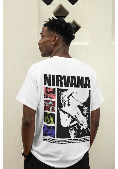 Nirvana Sırt Baskılı Unisex Oversize Efsane Müzik Grubu Tişört Beyaz