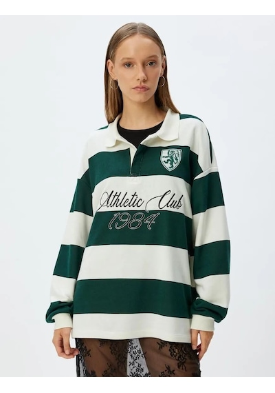 Koton Polo Yaka Sweatshirt Oversize Kolej Baskılı Renk Bloklu Şardonlu Yeşil Çizgili 5wal10214ık Yeşil Koton Polo Yaka Sweatshirt Oversize Kolej Baskılı Renk Bloklu Şardonlu Yeşil Çizgili 5wal10214ık Yeşil