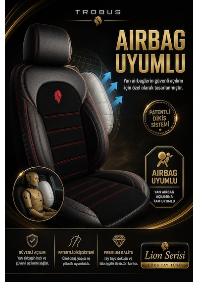Renault R9 Broadway 1990-2000 Uyumlu Lion Serisi Tay Tüyü Siyah Kırmızı Premium Koltuk Kılıfı