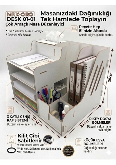 Mrx-org Desk 01 Masaüstü Organizer Peçetelikli Çok Amaçlı Masa Düzenleyici, Raflı Dosyalık Beyaz