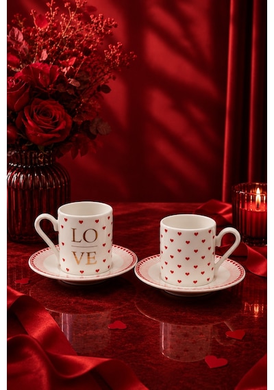 2 Kişilik Porselen Love Kalp Kahve Fincan Takımı Seti Kalpli 90ml Beyaz