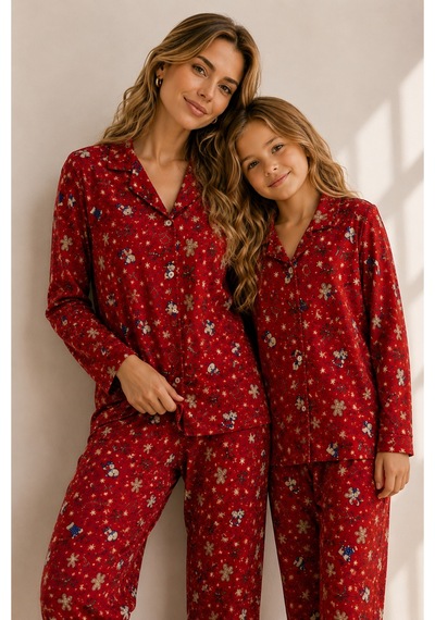 Free Beka Yılbaşı Desenli Uzun Kollu Önden Düğmeli Gömlek Yaka Anne Kız Pijama Takımı Kırmızı