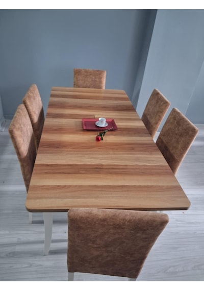 Masa Sandalye Mizan 90656 Ceviz Tabla Kırık Beyaz Ayak 6 Adet Sandalye Ahşap  -  Beyaz