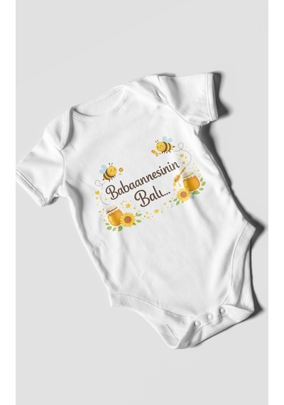 Morivokids Babannesinin Balı Kısa Kollu Bebek Body %100 Pamuk Beyaz