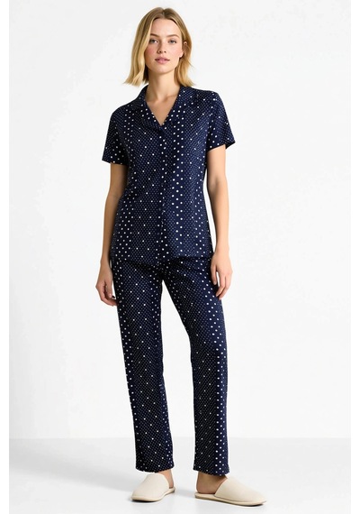 Benerly Kadın Gömlek Yaka Kısa Kol Puantiyeli Regular Kalıp Pijama Takımı lacivert