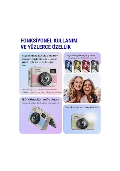 Retro Mini Dijital Kamera 1080p 1.47 İnç Flip Ekranlı Flaşlı Selfie Vlog Kamerası 4gb Sd Hediyeli Mavi
