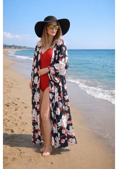 Wellway Viskon Saten Kumaş Kimono - Pareo - Sabahlık - Kuşak Dahildir - Siyah Siyah