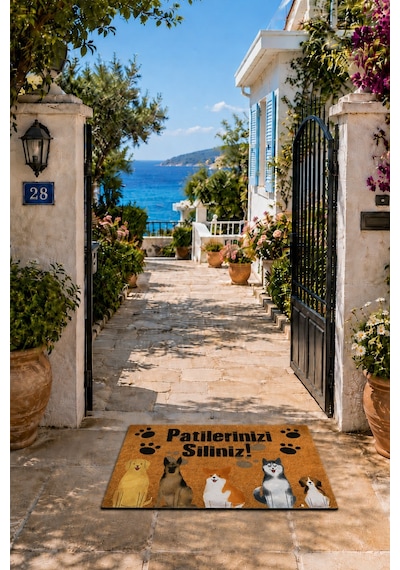 Esnature Köpek Desenli Patilerinizi Silin Yazılı Kapı Önü Paspası 45x70 Cm Çok Renkli