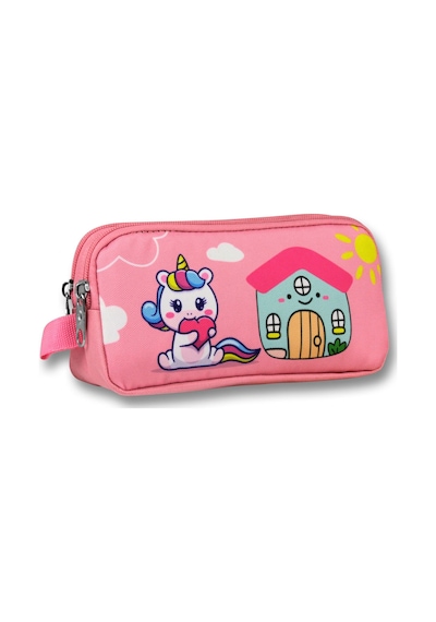 Ümit Çanta 5053 Unicorn Desenli - Pembe Yeşil Renkli Kız Çocuk Kalem Çantası Pembe - Kırmızı