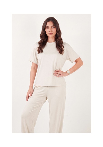Lela Yumuşak Dokulu Bisiklet Yaka Lastikli Bel Kısa Kollu Pijama Takımı Bayan Pijama Takımı 65720102 Ekru