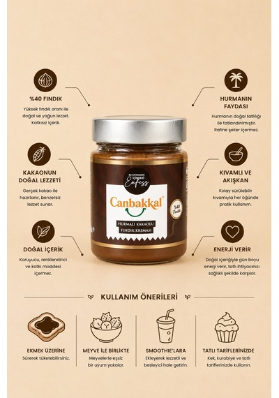 Canbakkal %40 Hurmalı Kakaolu Fındık Kreması 300 G Şeker İlavesiz & Katkısız