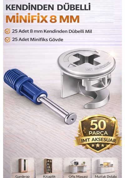 8 Mm Kendinden Dübelli Minifix Gövde Ve Mil Seti - Mobilya Bağlantı Elemanı 50 Parça Metalik