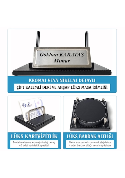 Prozenis Aksu Krom Detaylı İsimlikli Sümen Takımı Lüks Ofis Seti