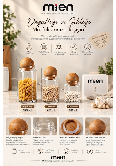 Mien Top Kapaklı Cam Kavanoz Seti