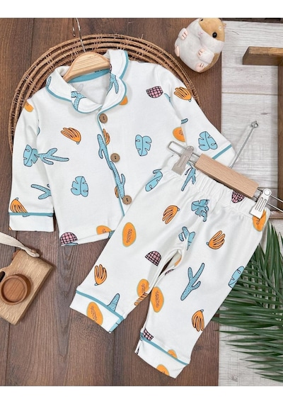 Kruvaze Yaka %100 Pamuk Önden Düğmeli Mevsimlik Ünisex Bebek Ve Çocuk Pijama Takımı 4bb2 Beyaz