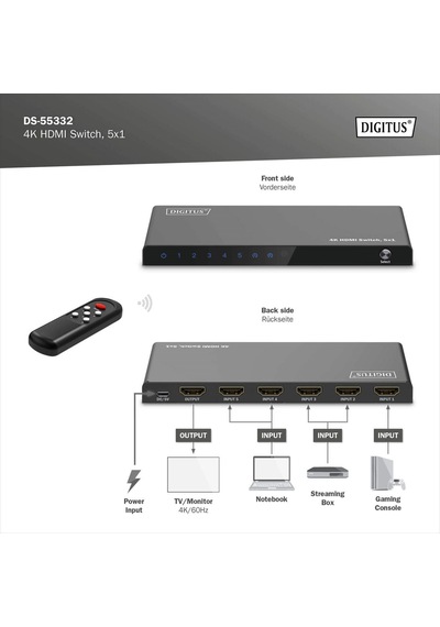 Digitus 5x1 Hdmı Switch, 4k/60hz Hdcp 2.2 Kumandalı Geçiş Kontrolü