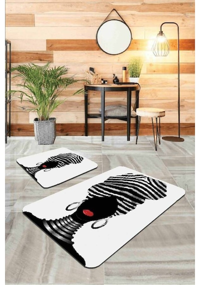 Ekru Etnik Desenli Banyo Halısı Klozet Paspas Seti Bs231n11