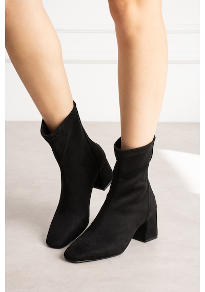 Dabab Shoes Lara Kadın Siyah Süet Streç Küt Burun Fermuarlı 6 Cm Kalın Topuklu Bot Bootie