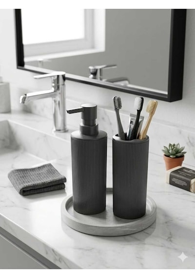 İndecor Houseware Liza Modern Sabunluk Ve Diş Fırçalık - 2'li Modern Banyo Seti - Antrasit Gri Koyu Gri