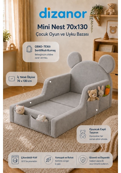 Dizanor Mini Nest 6'sı 1 Arada Bebek Oyun Parkı Ve Park Yatak Gri 70 X 130