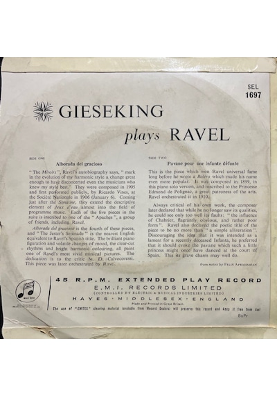 Gieseking Plays Ravel 45lik Plak