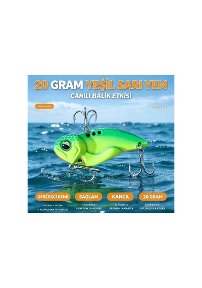 20 Gram Avcı Kaşık Yeşil Sarı Canlı Balık Görünümlü Renkli Çift Üçlü Kancalı At Çek Balık Avı