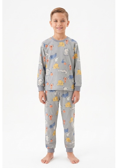 Bunny Hopp Erkek Çocuk Uzun Kollu Pijama Takımı %100 Pamuk Safari Hayvan Desenli Penye Gri