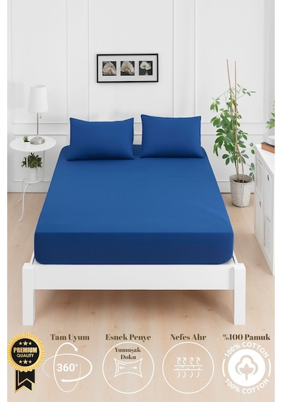 Mirava Premium %100 Pamuk Penye Lastikli Tek Kişilik Çarşaf Takımı 1 Yastık Kılıfı Dahil Lacivert 120x200cm Lacivert