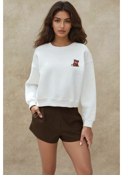 Hiccup İşlemeli Rahat Kesim Pamuklu Sweatshirt Tozlu Beyaz