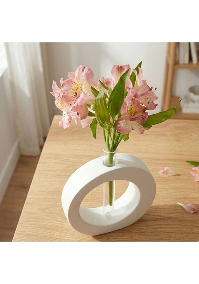 Beyaz Taş Tozu Halka Vazo Ve Cam Tüp Difüzör Seti - Minimalist Oval Geometrik Oda Kokusu Standı Beyaz