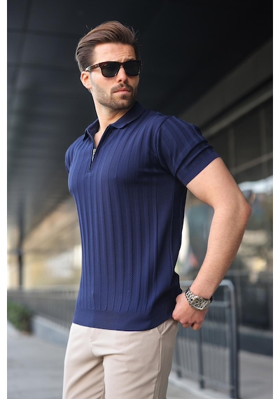 Madmext Lacivert Yarım Fermuarlı Polo Yaka Erkek Kazak E7458 Lacivert