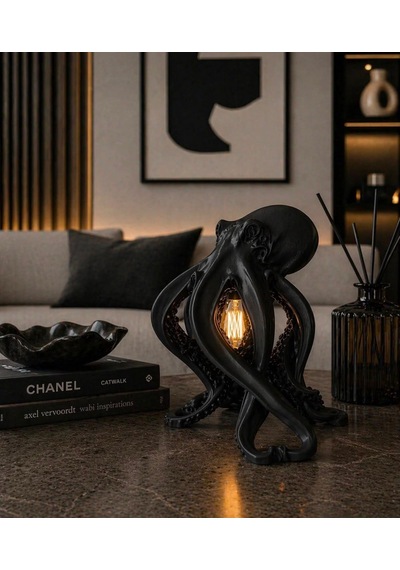 3dlab Luxury Ahtapot Masa Lambası Dekoratif Tasarım Abajur Rustik Ampullü Premium Ev Dekoru Siyah