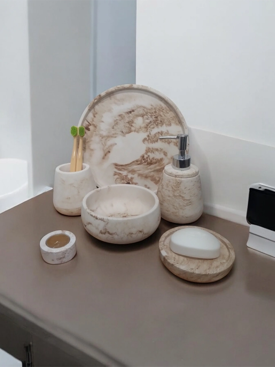 6'lı Mermer Desen Bej Beton Banyo Seti ,sıvı Sabunluk Diş Fırçalığı Aksesuar Takım Bej