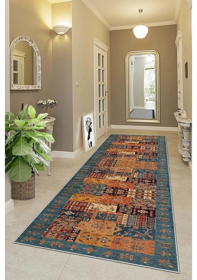 Pelangi Kırkyama Patchwork Kilim Desenli Etnik Dijital Baskı Yıkanabilir Modern Salon Halı Ve Yolluk, Kahverengi - M Çok Renkli