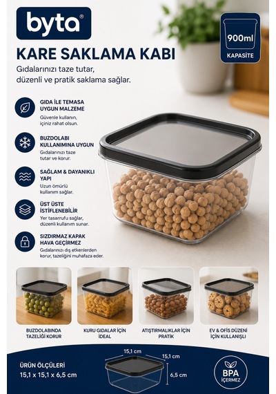900 Ml Kare Saklama Kabı Kapaklı Plastik Gıda Saklama Kabı Şeffaf Buzdolabı Ve Erzak Düzenleme Kabı Şeffaf