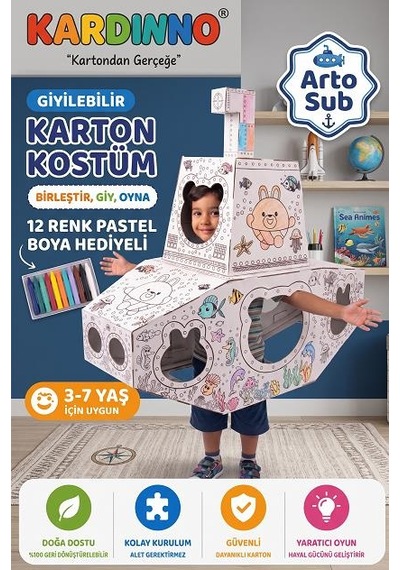 Kardinno Giyilebilir Karton Denizaltı Kostümü Arto Sub - Çocuk Boyama Maketi Pastel Boya Hediyeli Beyaz