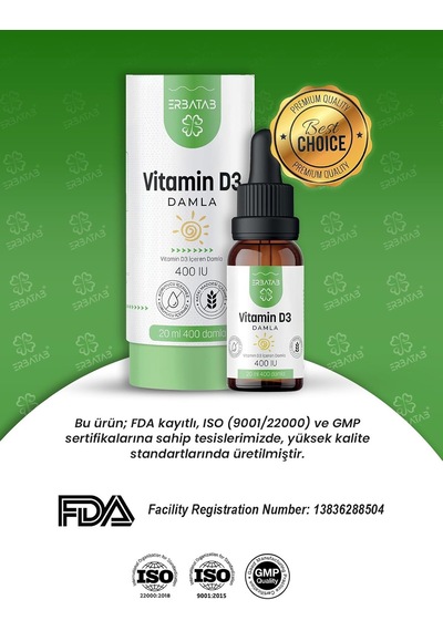 D3 Vitamini Damla Çocuklar İçin 400 Iu Kids D Vitamini Takviyesi - Zeytinyağlı Şekersiz Takviye Edici Gıda 20 Ml 400 Damla