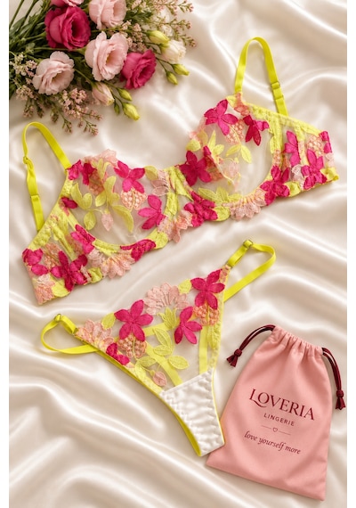 Loveria Çiçek Nakışlı Renkli Kapsız Balenli Sütyen Takım Sarı Sarı